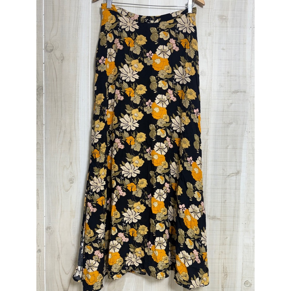 Natural Life Floral Maxi Skirt Black Yellow Tan Boho Rayon Side Slit Womens M